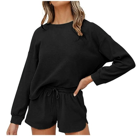 

Besolor Womens Knit 2 Piece Outfits Casual Crewneck Long Sleeve Tops and Drawstring Shorts Lounge Sets Sleepwear Pajamas