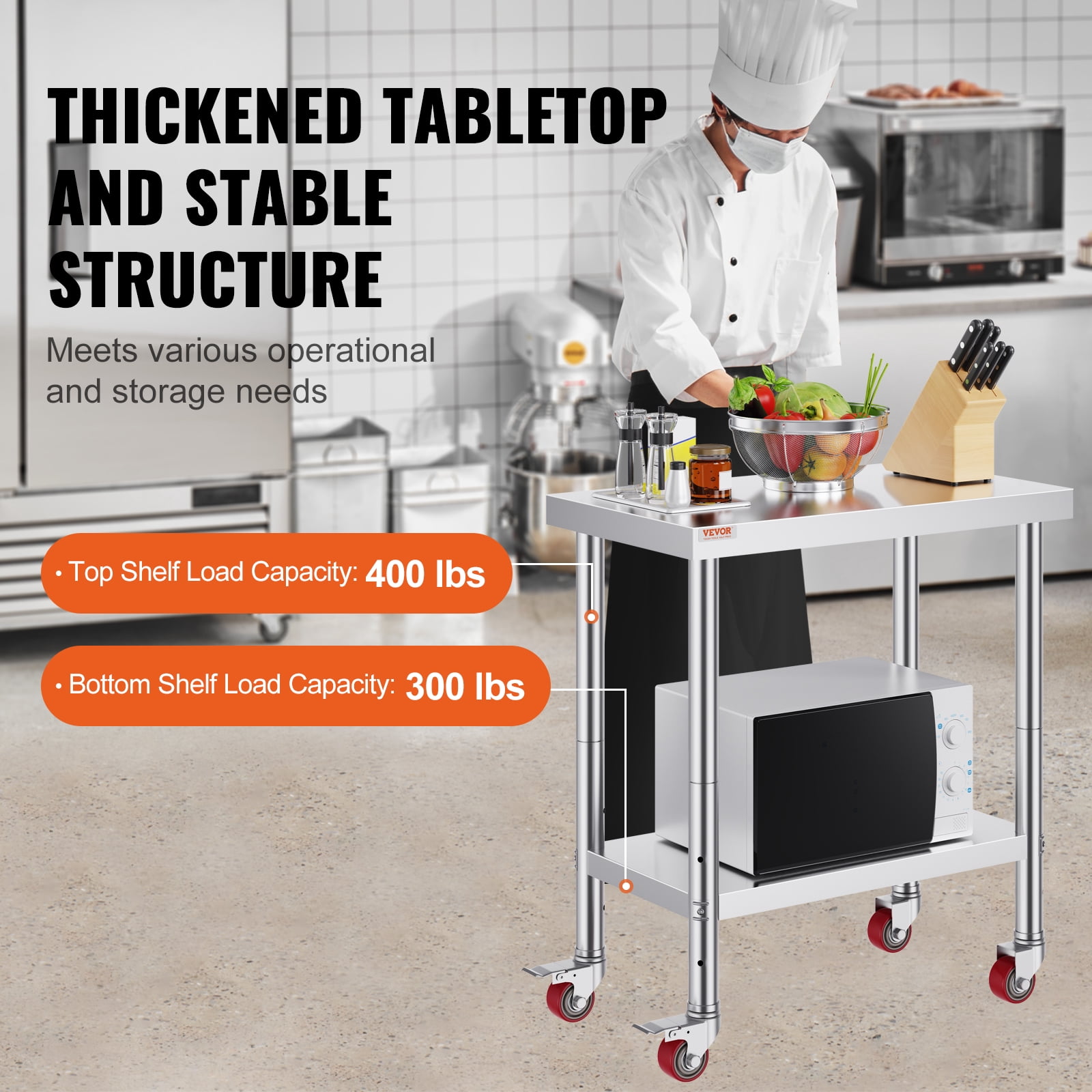 VEVOR Stainless Steel Work Table 30 x 24 x 33 Inch, 700 LBS Load Capacity with 4 Wheels, 3 Adjustable Height Levels, Heavy Duty Food Prep Worktable for Commercial Kitchen Restaurant, Silver