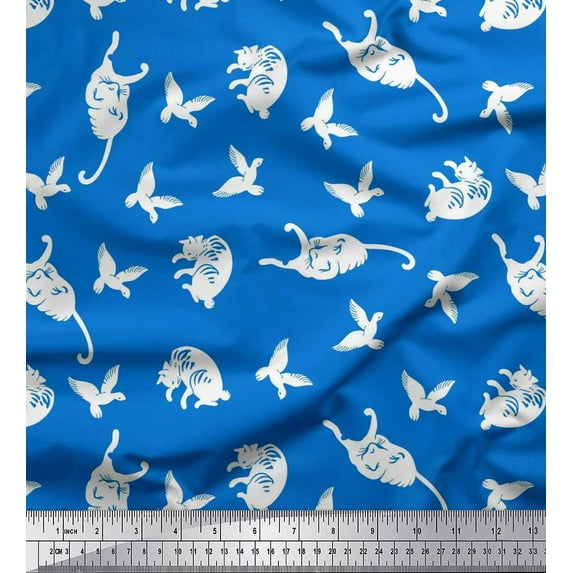 Soimoi Poly Georgette Fabric Bird & Cat Animal Decor Fabric Printed Yard 52 Inch Wide