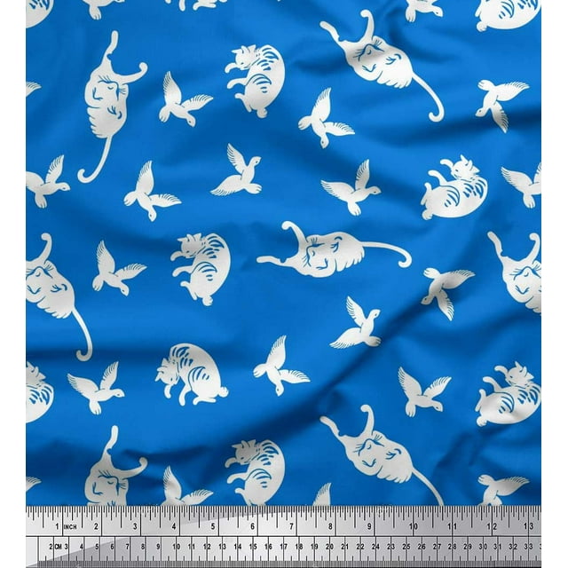 Soimoi Poly Georgette Fabric Bird & Cat Animal Printed Craft Fabric by The Yard 42 Inch Wide