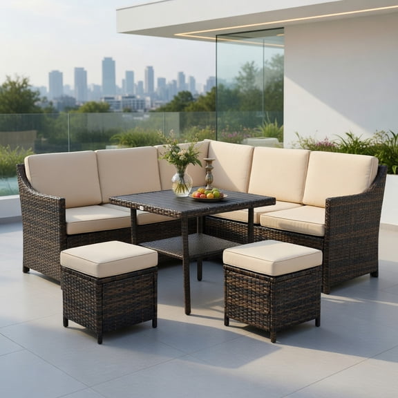 Topcobe 6 Pieces Patio Rattan Dining Sofa Funiture Set, Outdoor Furniture