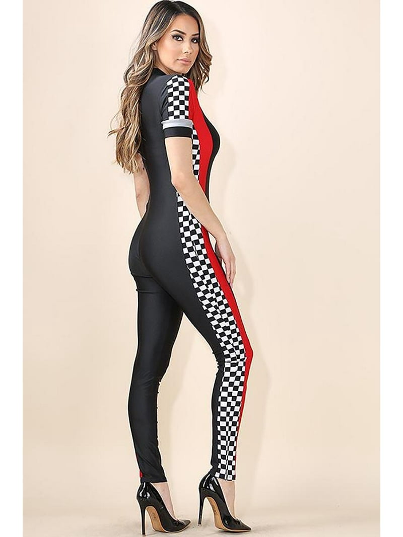 Women's Checkered Colorblock Racing Bodysuit, Pit Crew Jumpsuit