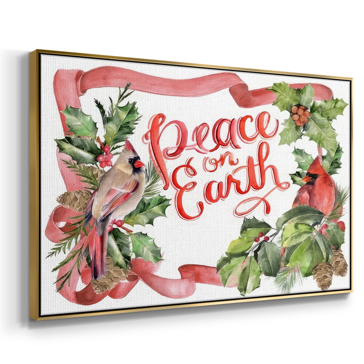 Cardinal Holly Christmas Collection A - Framed Gallery Wrapped Holiday Canvas - 17 x 25 - Gold Frame
