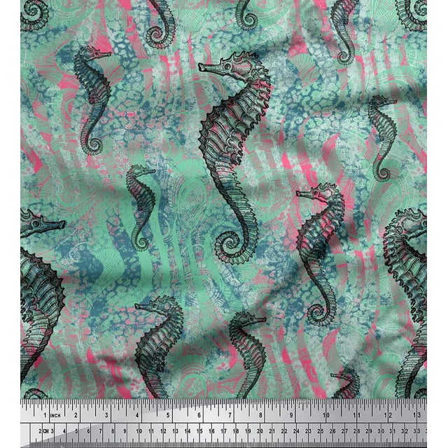 Soimoi Poly Georgette Fabric Texture & Sea Horse Ocean Print Sewing Fabric Yard 52 Inch Wide