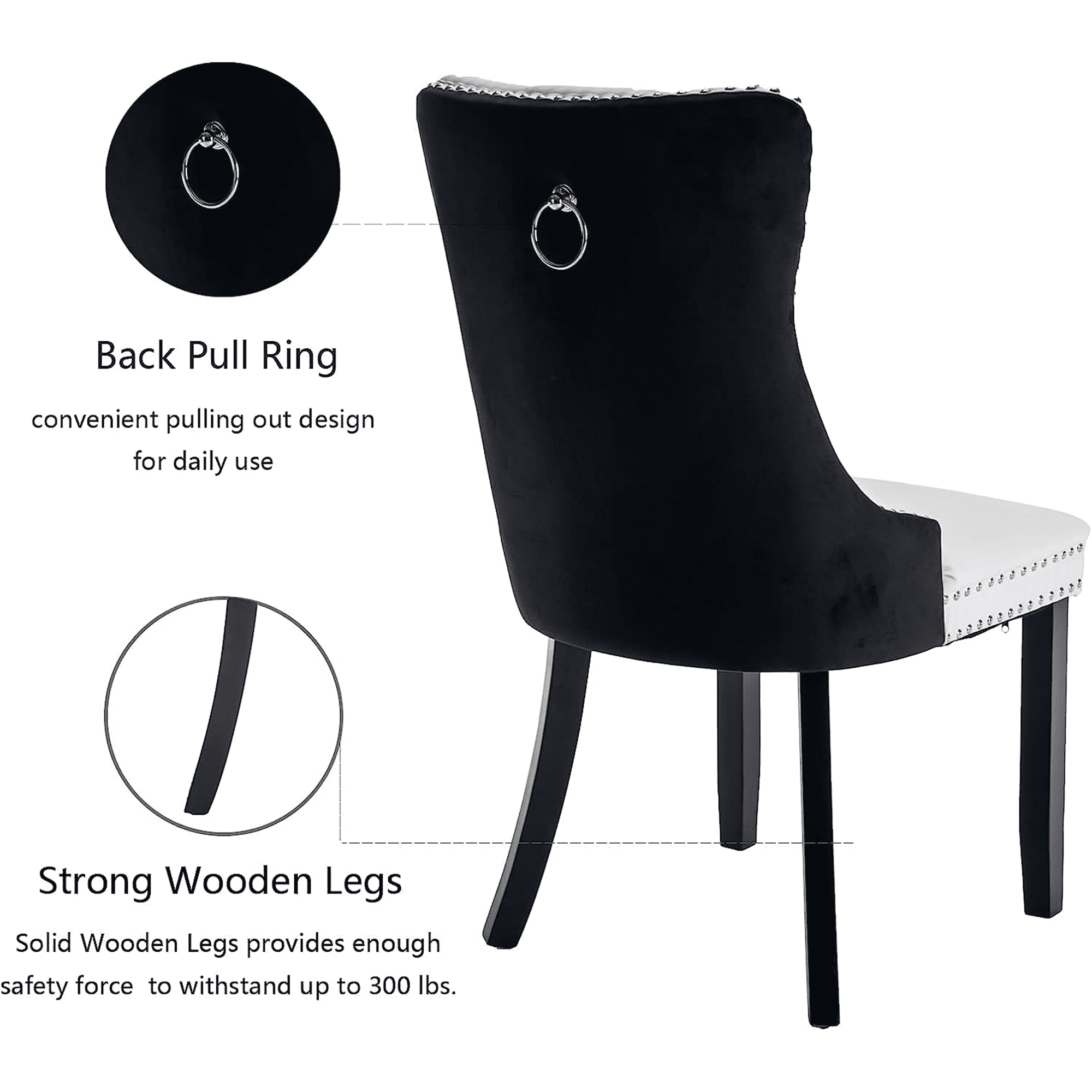 PORKISS Dining Chairs Set of 2, Modern Wood and PU Dining Room Chairs with Back Ring and Nailhead Trim, Upholstered Tufted Velvet Chair with Wood Legs for Kitchen, White/Black