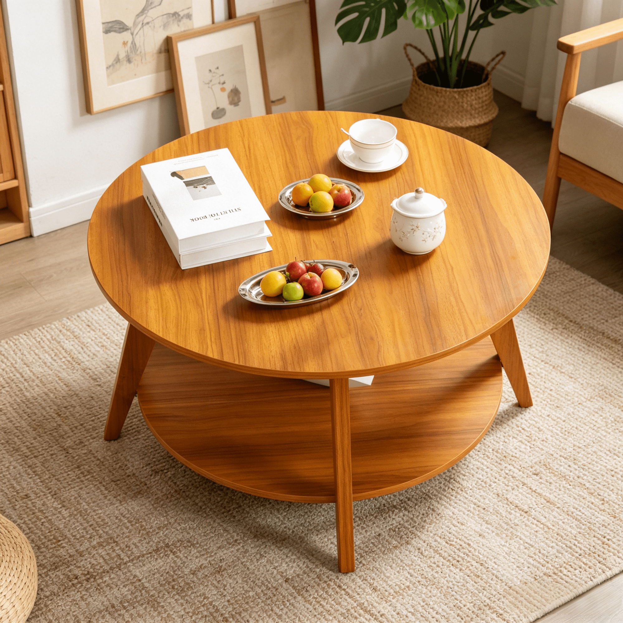 Gewnee 31.5”Round 2-Tier Side Table,Minimalist Walnut Pattern MDF End Table with Bottom Shelf & Non-Slip Adjustable Feet,Easy Assembly for Living Room,Bedroom,Home,Office.