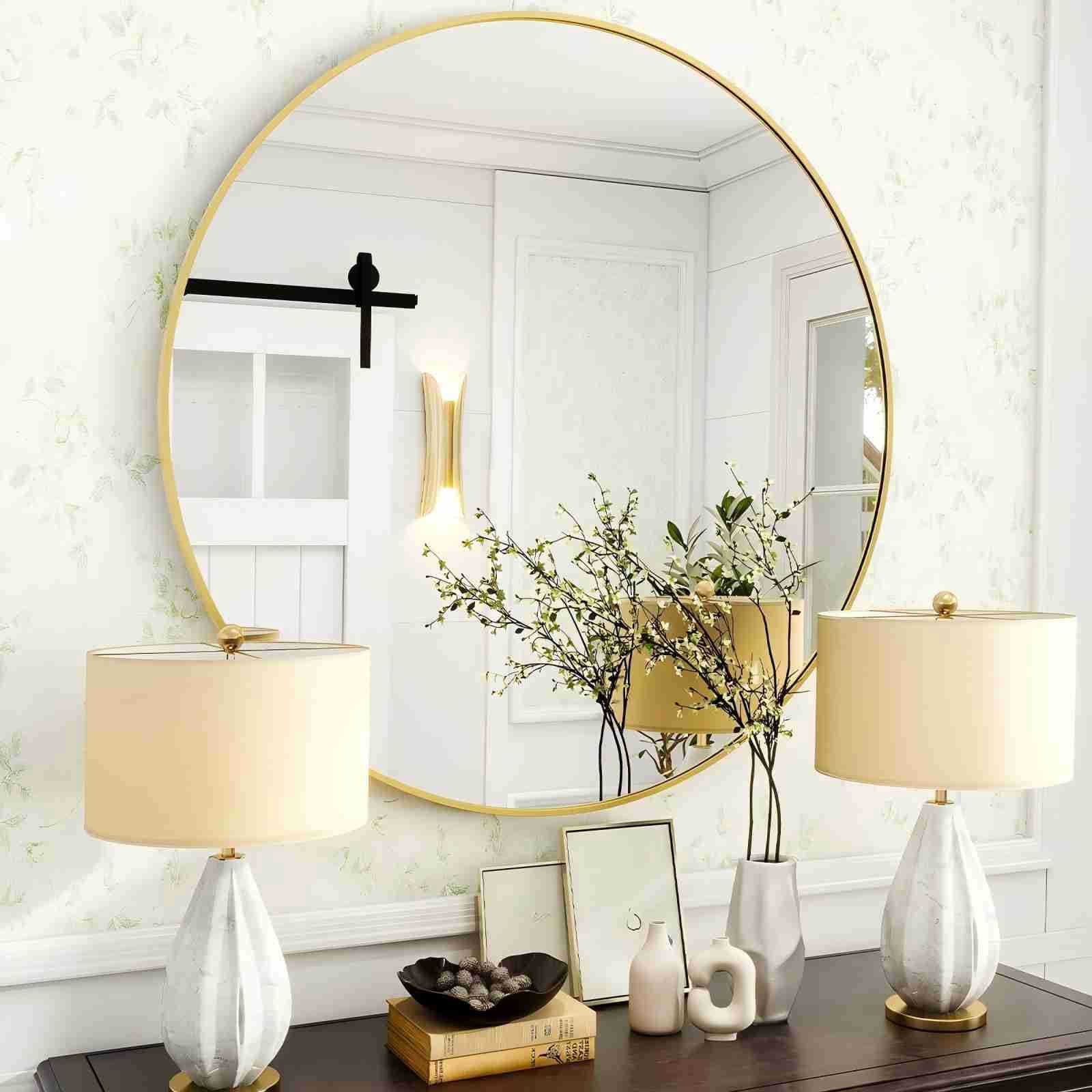 Anyrose 24"x24" Round Mirror Wall Mirror Bathroom Mirror Hanging,Gold