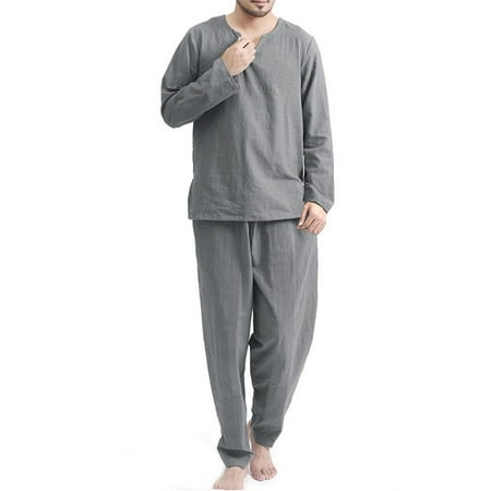 

QIFEI Men Plain Casual Loose Shirt Beach Long Sleeve Tops Pants Pajamas Homewear Set Gray 3XL