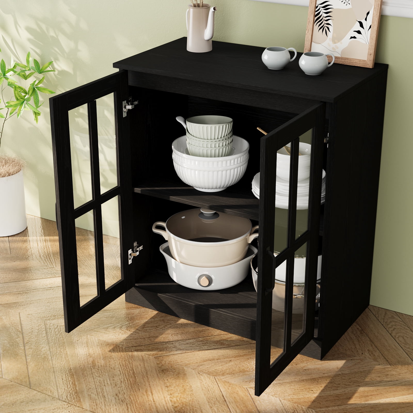 RichYa Kitchen Pantry Cabinet Set of 4,111" W Buffet Sideboard Coffee Bar with Glass Door Hutch,Modular Storage Cabinets with Shelves & Drawers for Dining Room,Black(CGGC)