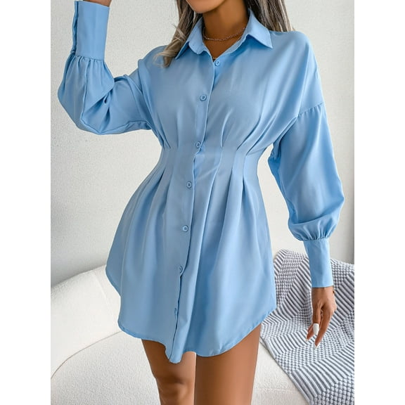 Women's Chiffon Lapel Collar Long Sleeve Button Waist Asymmetrical Shirt Dress