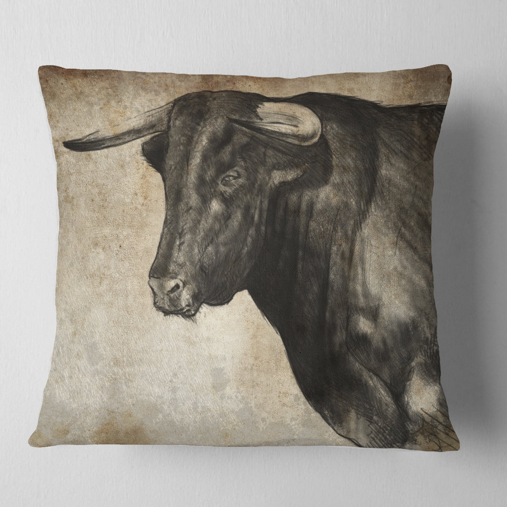 Designart Spanish Bull Sketch - Animal Throw Pillow - 18x18