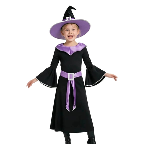 REDARER Classic Witch Cosplay Set FlaredâSleeve Dress with Matching Pointed Hat Cosplay Outfit for Halloween Themed Play Holiday Masquerade Gathering School Drama Act,10-12 Years