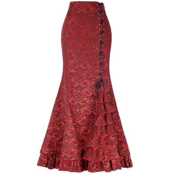 Formal Dress Women's Gothic Style Dark Long Skirt Lace up Hip Hugging Fishtail Skirt Half Skirt Wedding Guest Dresses S-296 Red-a XL