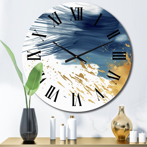Designart "Abstract in Dark Blue and Gold II" Fractals Oversized Wall Clock