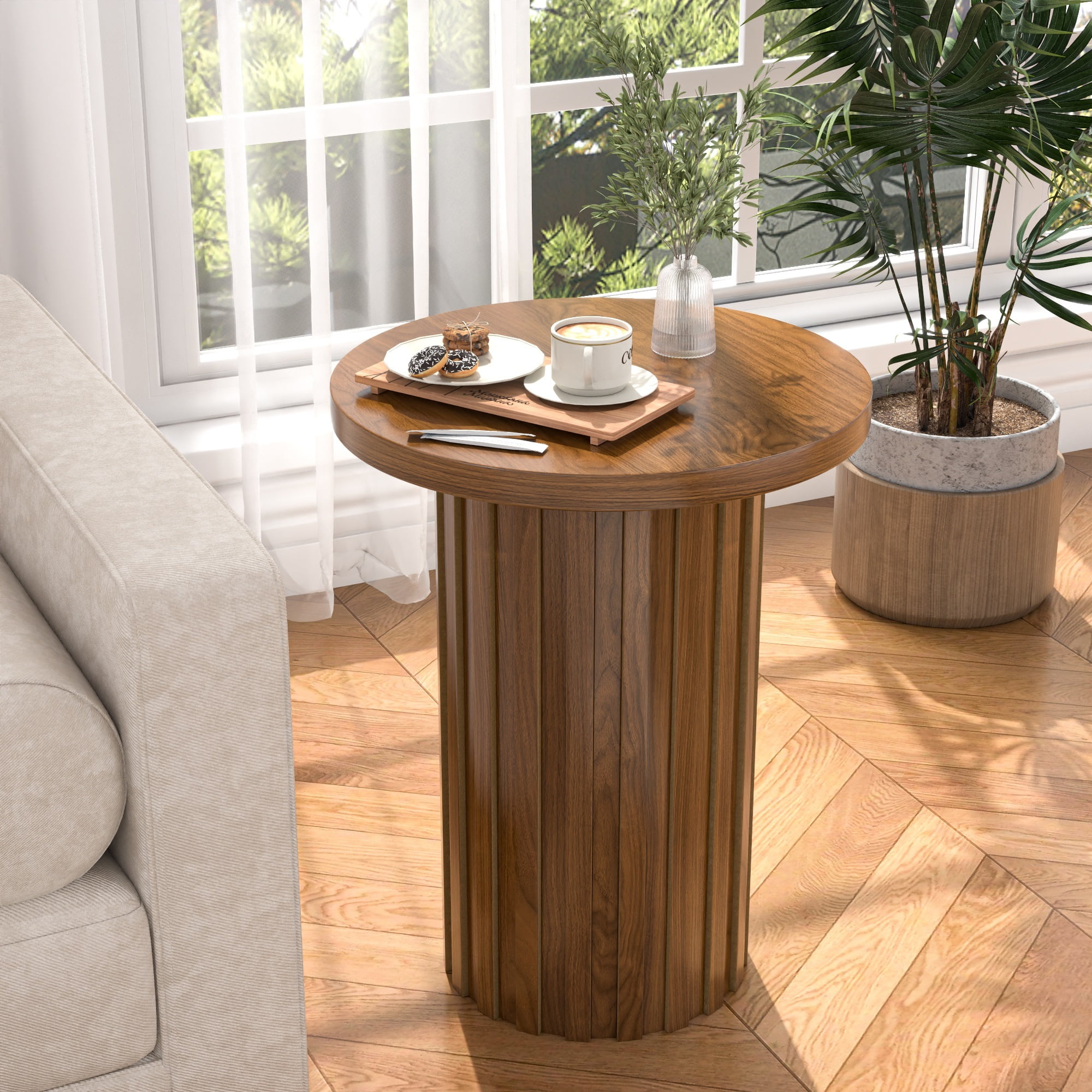 Small Round End Table Farmhouse Accent Side Table Modern Nightstand for Living Room Bedroom (Walnut)