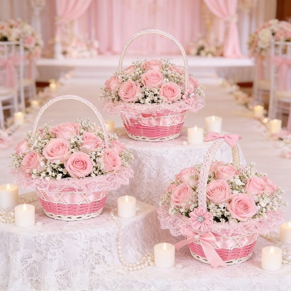 Oefntac Basket Handheld Rattan Woven Basket with Skirt Handle Candy Flower Storage Easter Egg Hunt Party Gift Kids Outdoor Picnic Decorative Organizer