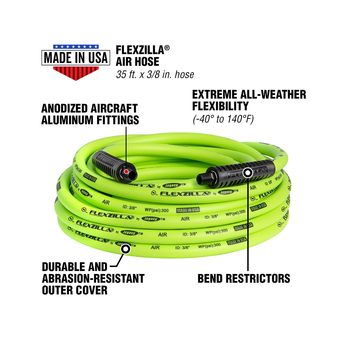 Flexzilla® Air Hose, 3/8" x 35', 1/4" MNPT Fittings, ZillaGreen®