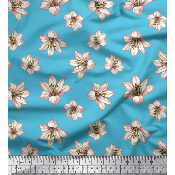 Soimoi Blue Cotton Duck Fabric Lilies Floral Print Sewing Fabric Yard 42 Inch Wide