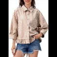 thumbnail image 3 of Camisa A Rayas con Botones, 3/4, Hombros Caídos, Corte Holgado, Dobladillo con Volantes, para Mujer Marrón L, 3 of 7