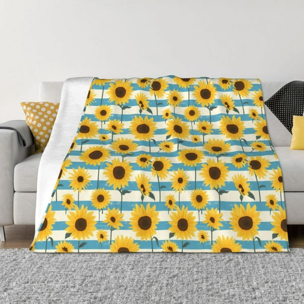 Balery White Blue Striped Sunflower Manta de Franela con Dibujo, Lujo Ultra Suave y Cálido, Antipelusa y Resistente a las Arrugas para Cama, Sofá, Camping -80"x60"