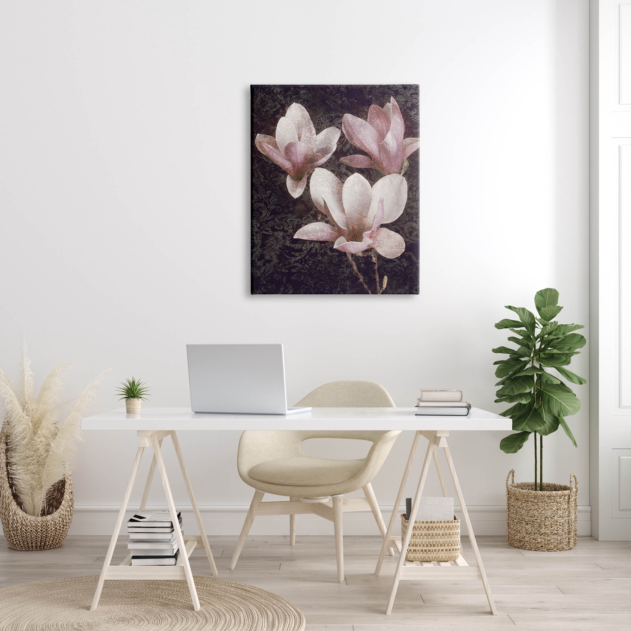 Vintage Pink Blooms Damask Pattern Botanical & Floral Graphic Art Gallery Wrapped Canvas Print Wall Art