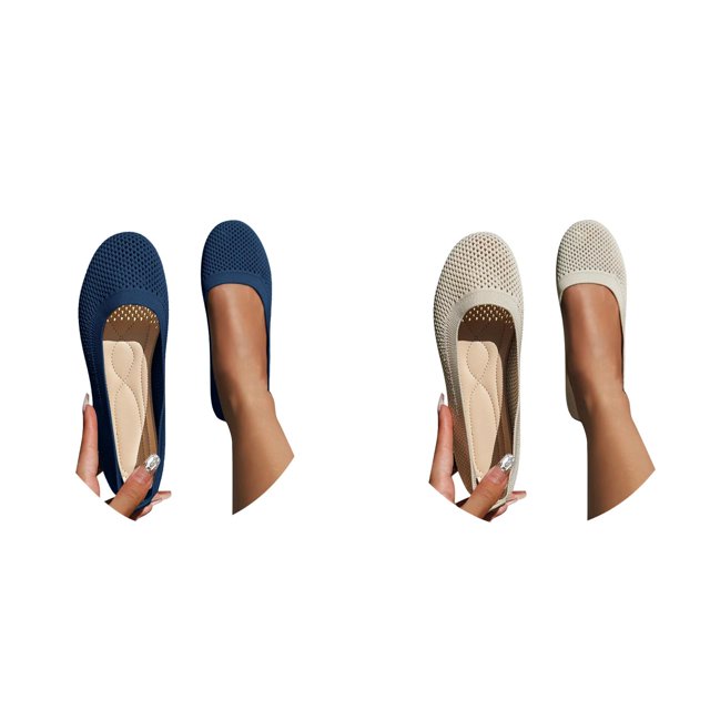 (2-Pack) Rinsvye Womens New Solid Color Round Toe Flying Woven Flat Shoes Women Breathable Knit Lazy Work Shoes Ballet Dance Shoes
