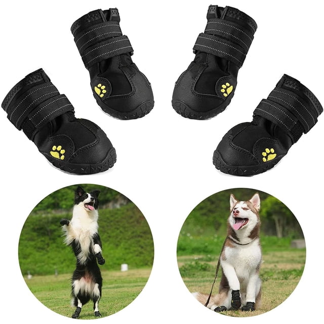 botas protectoras para perros, zapatos impermeables con correas reflectantes ajustables para tallas medianas y grandes (5#) negras: cuatro botines mostrados en vistas frontal y lateral con suela de goma moldeada antideslizante y parche de huella amarillo, parte superior de cuero sintético transpirable y cierre de doble velcro reflectante; en dos círculos inferiores, perros medianos en césped usando las botas; también aptas para caminatas y viajes cortos.
