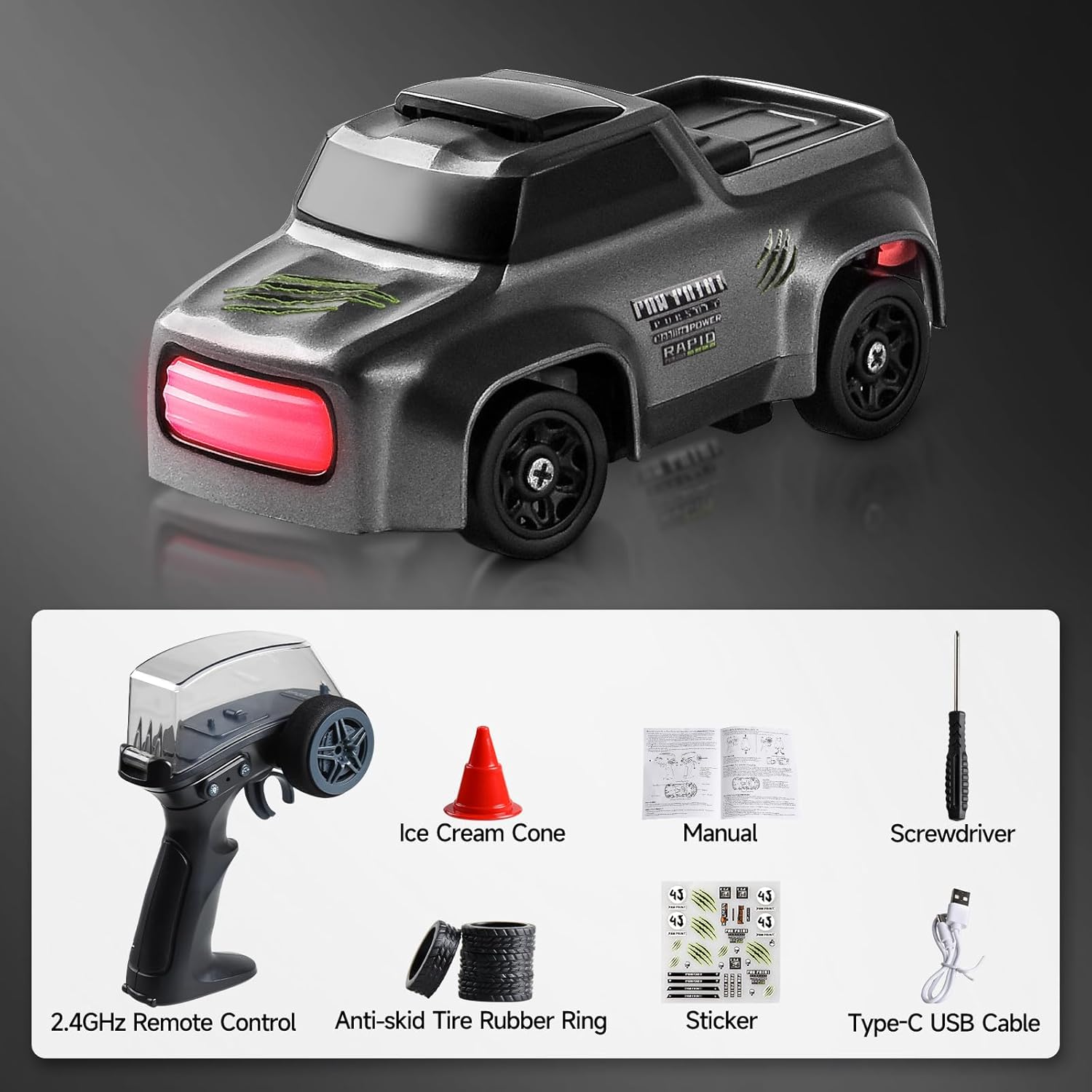 RC Drift Car,1:64 Mini Desktop RC Drift Car, 2.4GHz Scale 4WD High Speed Remote Control Cars Vehicle with LED Lights, Racing Tires, Racing Sport Toy Cars for Adults Boys Girls Kids(Black)
