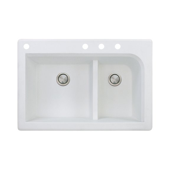Transolid Radius 33in x 22in silQ Granite Drop-in Double Bowl Kitchen Sink with 4 CADE Faucet Holes, In White