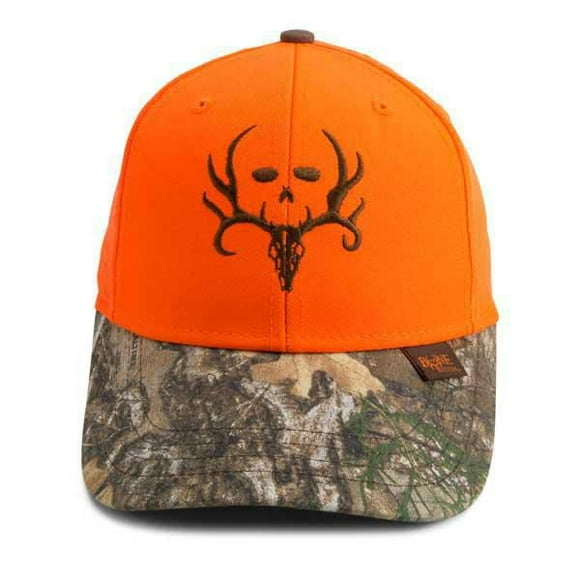 Licensed Bone Collector embroidered logo cap in blaze with Realtree Edge camoflauge visor. Added Bone Collector woven label in front. One size fits most.