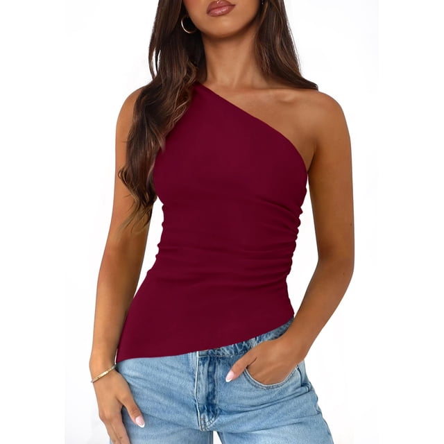 Blusa PRETTYGARDEN 2025 para Mujer Sin Mangas de Un Hombro Vino Tinto Talle S