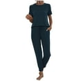 thumbnail image 1 of AherBiu Ensembles d'Entraînement pour Femmes 2 Pcs Col Ras du Cou Manches Courtes Hauts Ensemble de Détente Pantalon Taille Haute à Cordon Survêtement, 1 of 4