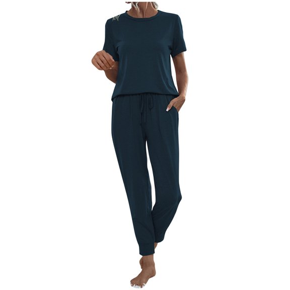 UYISJ Pajamas for Women 2 Piece Set Lounge Sets Short Sleeve Loungewear Top with Drawstring Joggers Pants Casual Summer Outfits