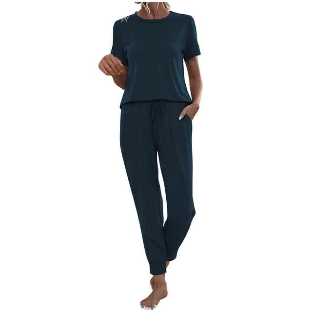 AherBiu Ensembles d'Entraînement pour Femmes 2 Pcs Col Ras du Cou Manches Courtes Hauts Ensemble de Détente Pantalon Taille Haute à Cordon Survêtement