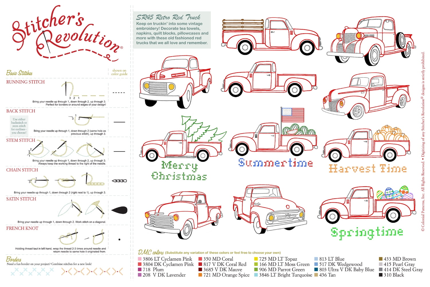 (3 pack) Stitcher's Revolution Retro Red Truck Iron On  Pattern for Embroidery, 11 Designs