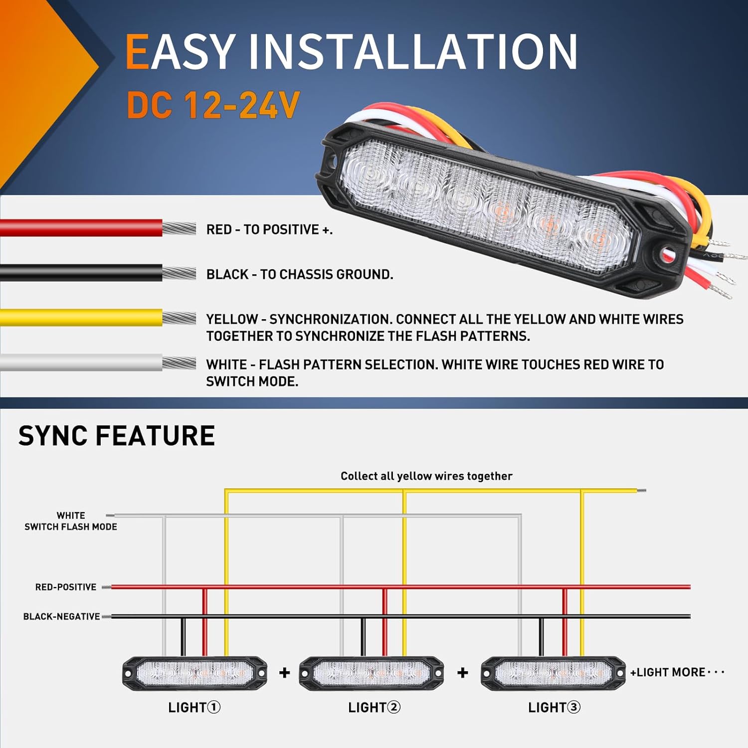 Nilight 6LED Emergency Strobe Lights 4PCS Ultra slim Surface Mount Hazard Caution Light bar 12-24V Sync Feature Warning Flashing kit for Truck Car Vehicle ATV SUV UTV Yellow and Blue