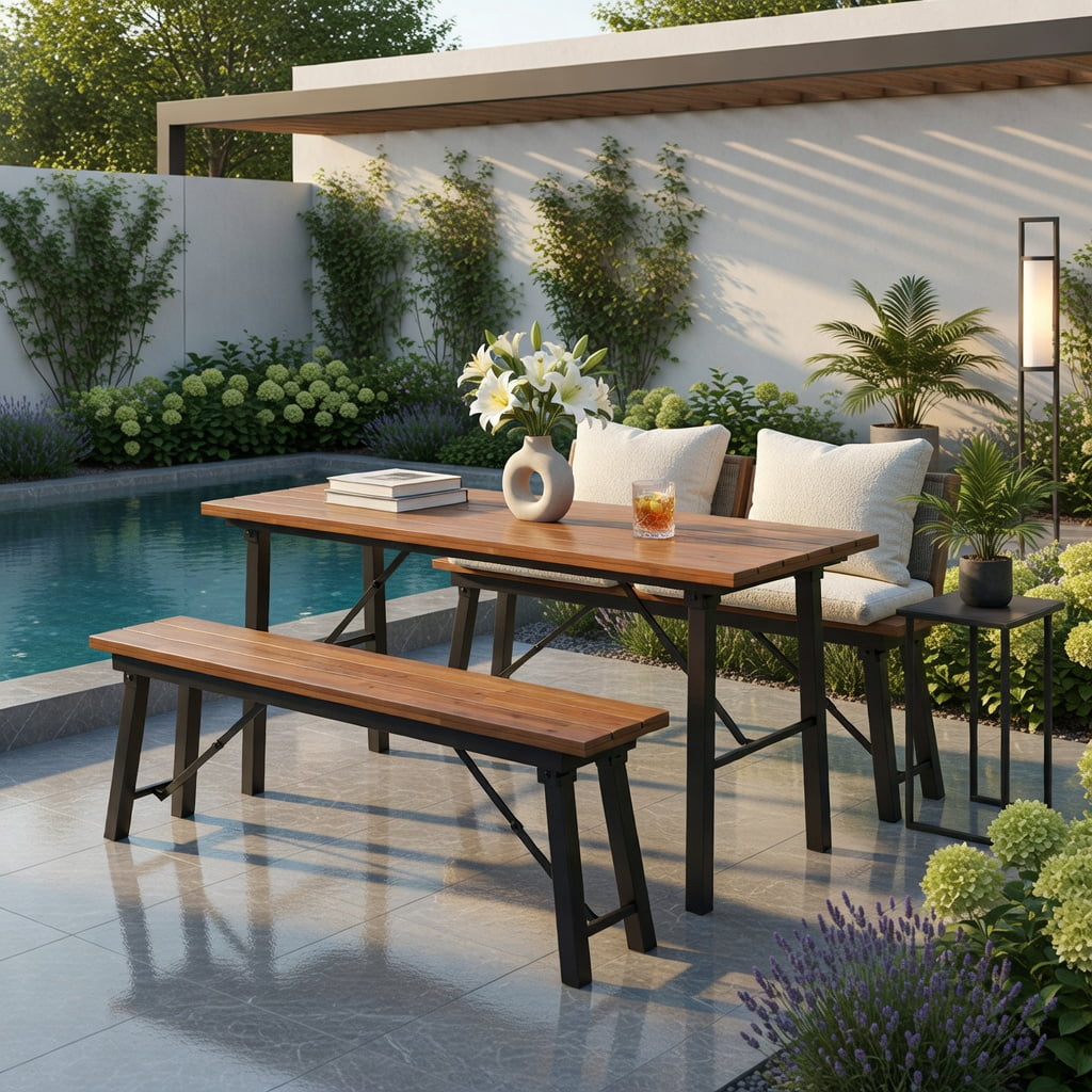 Hommoo Folding Rectangular Picnic Bench Set, Acacia Wood & Metal Outdoor Dining Bench for Patio, Camping, BBQ, and Poolside, Space-Saving Foldable Design, Natural