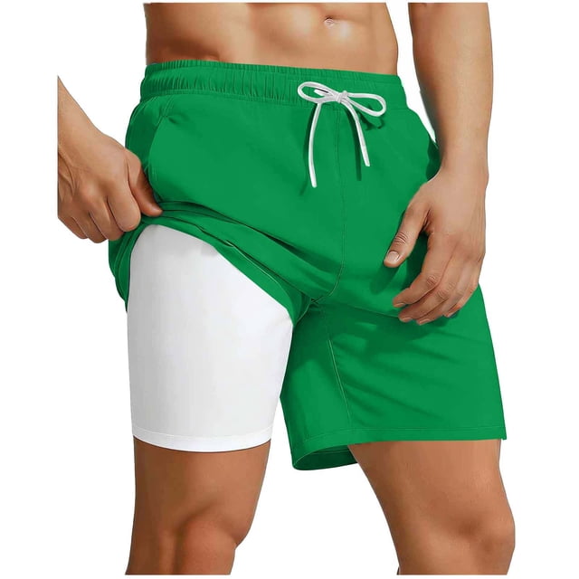 lcziwo Mens Board Shorts with Compression Liner Breathable Stretch Swim Trunks Multi Pockets Summer Beach Drawstring Shorts,Green,M