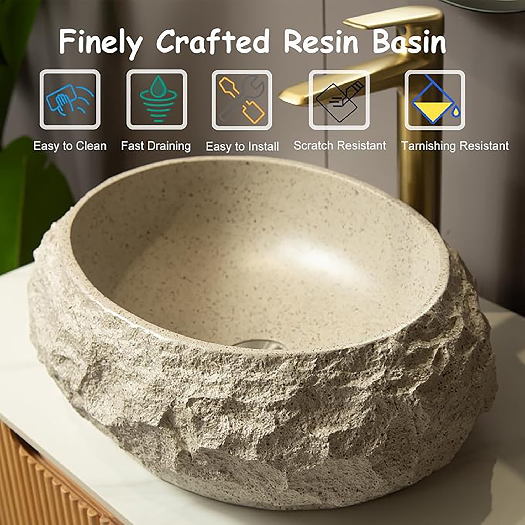 Wohh 18" Irregular Oval Resin Bathroom Sink with Stone Texture Beige Vessel Sink 17.72x5.9 Inch Modern Above Counter Vanity Basin for Home Office Restaurant Indoor Outdoor Use
