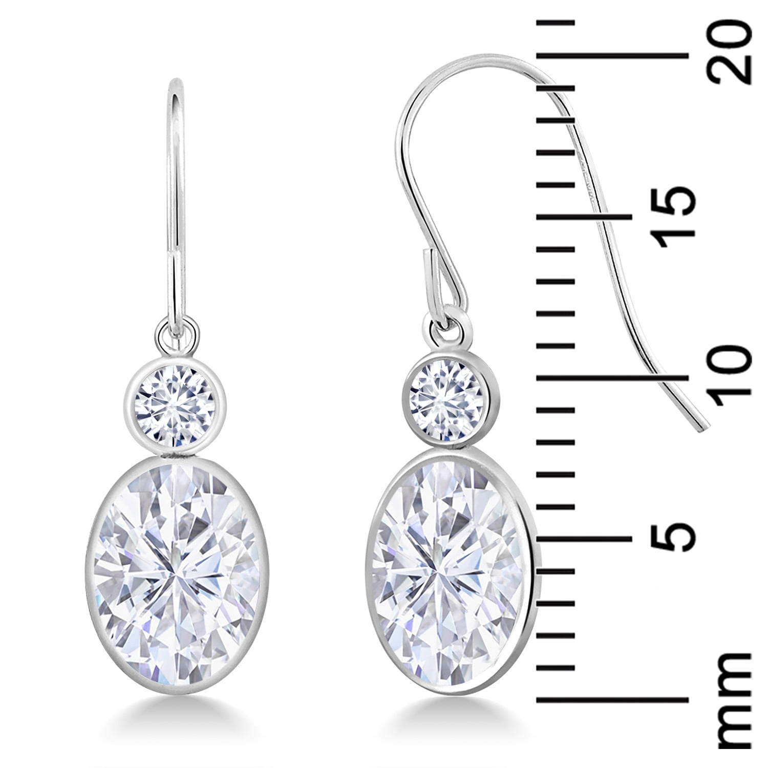 Gem Stone King 14K White Gold White Moissanite and White Lab Grown Diamond Hook French Fish Ear Wire Dangle Earrings for Women | 3.20 Cttw | Oval 8X6MM, Round 3MM