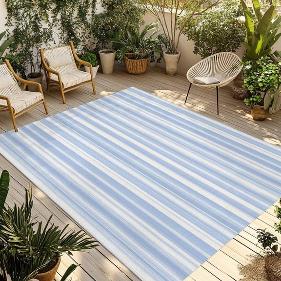 Fsddascl Blue Striped Outdoor Rug for Patio/Deck/Porch, Non-Slip Large Area Rug 4 x 6 Ft, Farmhouse Stripe Modern Abstract Art Indoor Outdoor Rugs Washable Area Rugs, Reversible Camping Rug Carpet