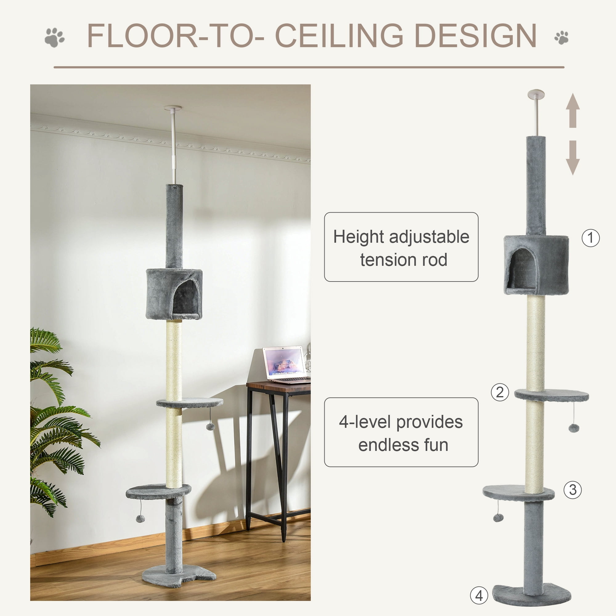 PawHut 110" Cat Tree Height Adjustable Floor-to-Ceiling 4-Tier Kitty Climbing Activity Center Condo Cat Toy with Scratching Post Hanging Balls Play Rest Post Pet Furniture Grey