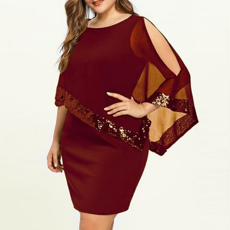 

jsaierl Plus Size Dress for Women Party Cold Shoulder Overlay Asymmetric Chiffon Strapless Sequins Dresses for Ladies