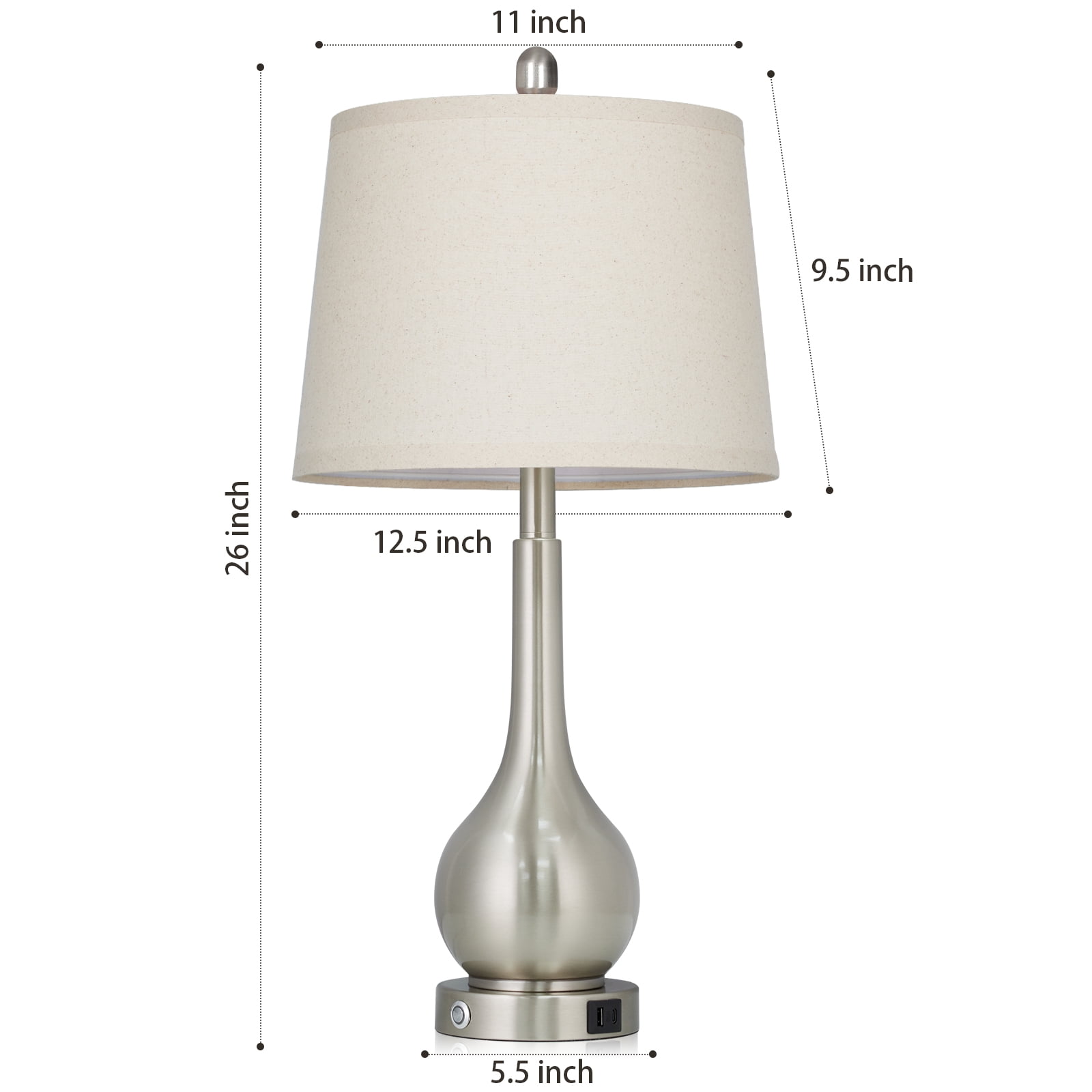 Cinkeda Table Lamps Set of 2 Modern Nightstand Bedside Touch Lamps for Bedroom Living Room with USB A+C, Silver
