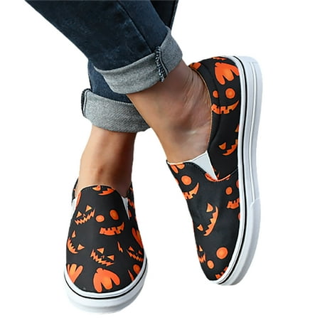 Oyedens Halloween Slip on Loafers for Women Funny Pumpkin Casual Low Top Canvas Shoes Walking Sneakers