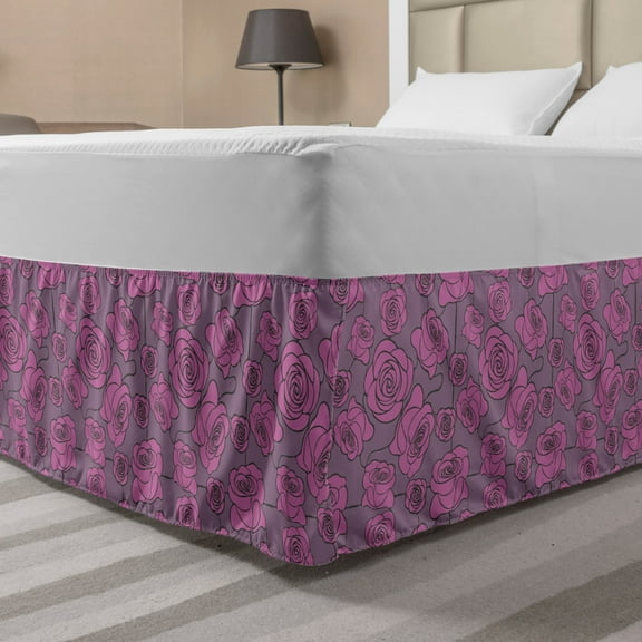 Flowers Bed Skirt, Floral Theme Hand Drawn Roses Pattern Romantic Fashional Art, Elastic Bedskirt Dust Ruffle Wrap Around for Bedding Decor, 4 Sizes, Pale Fuchsia Mauve, by Ambesonne
