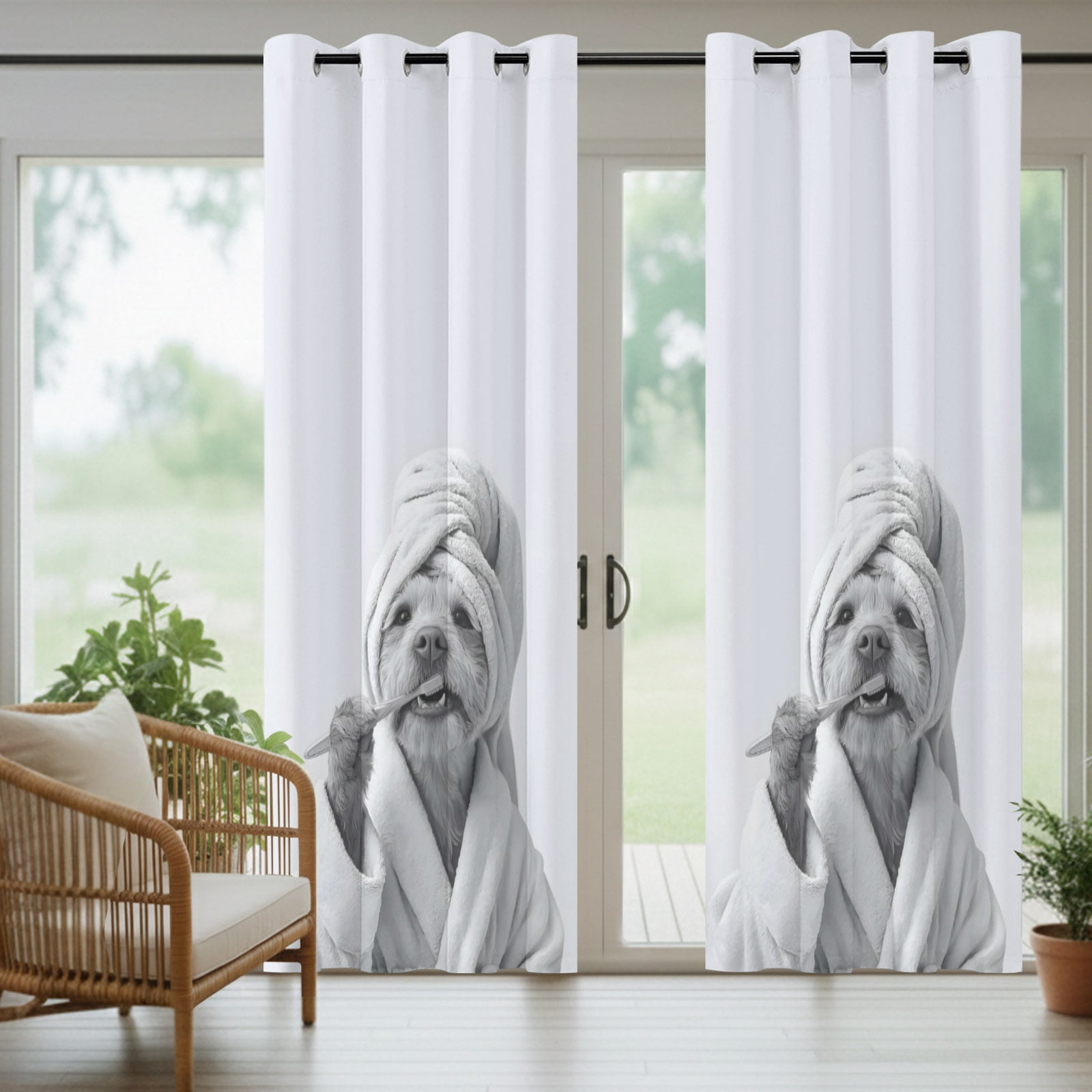 Bathroom Funny Dog Outdoor Curtains for Patio, The Dog Brushing Its Teeth Sunshade Privacy Drapes Grommet Waterproof Outside Curtains for Porch/Cabana/Balcony 54"x 108", 1 Panel