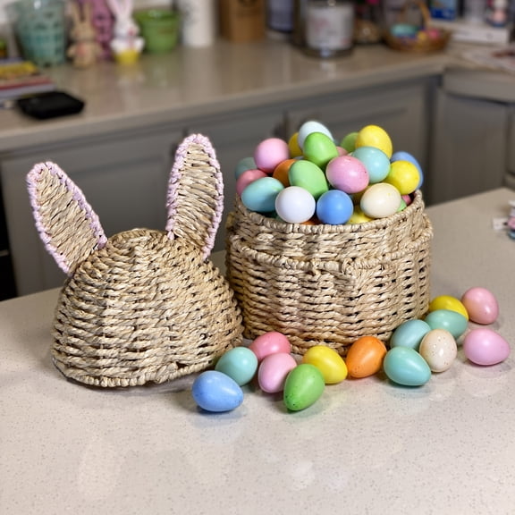 Japceit Easter Woven Bunny Basket, Long Eared Storage Basket with Lid for Eggs and Treats, Gift Idea for Holiday, Home, Party, Decorative, Handmade