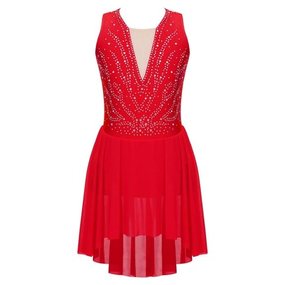 Hansber Kids Girls Sleeveless Rhinestone Asymmetrical Hem Ballet Dance Dress Figure Skating Red 12