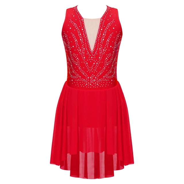 RUNQHUI Robe de Patinage Artistique pour Filles avec Strass, Sans Manches, Gymnastique, Asymétrique, Compétition, Tenue de Danse, Rouge 16